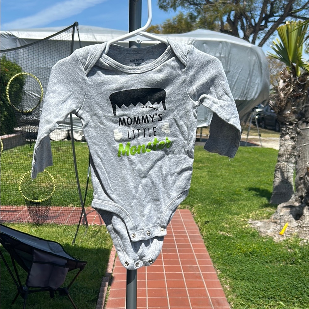 Carter's Gray and Green 'Mommy's Little Monster' Baby Onesie